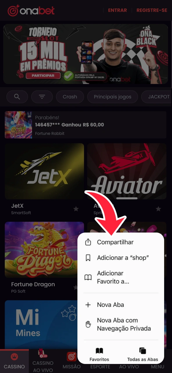 Clique no botão Compartilhar no site da OnaBet.
