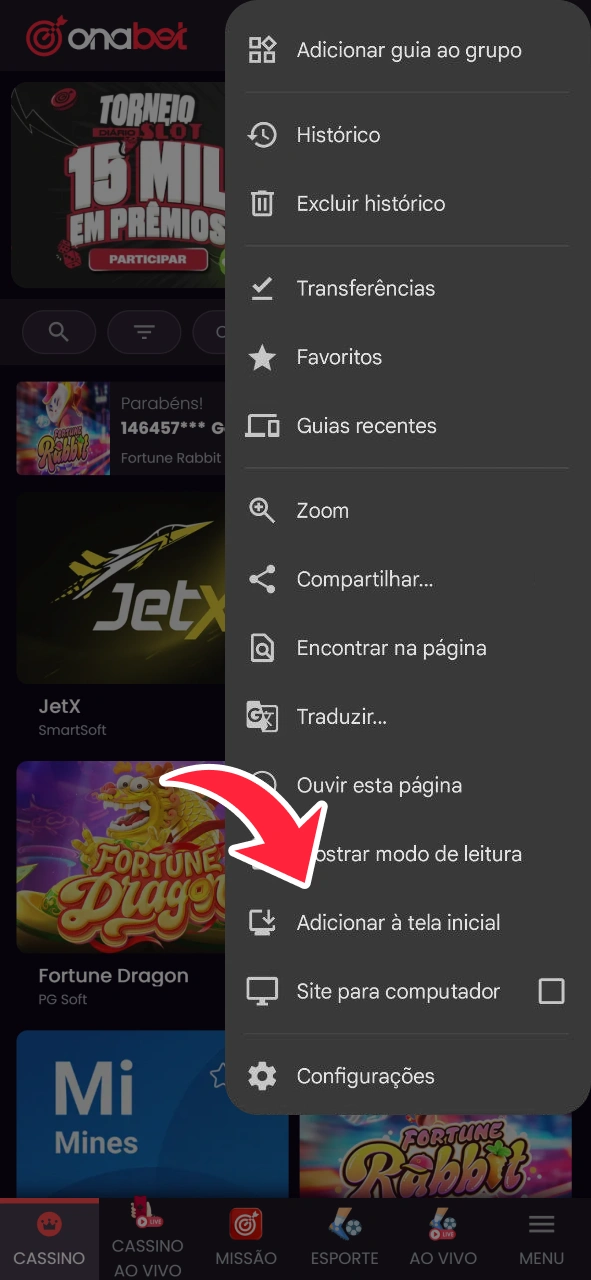 Clique no botão para acessar o site da OnaBet na tela inicial do seu Android.