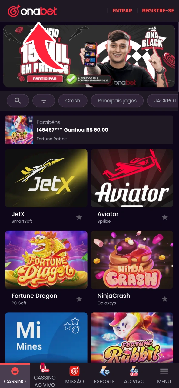 Acesse o site oficial da OnaBet pelo seu celular.