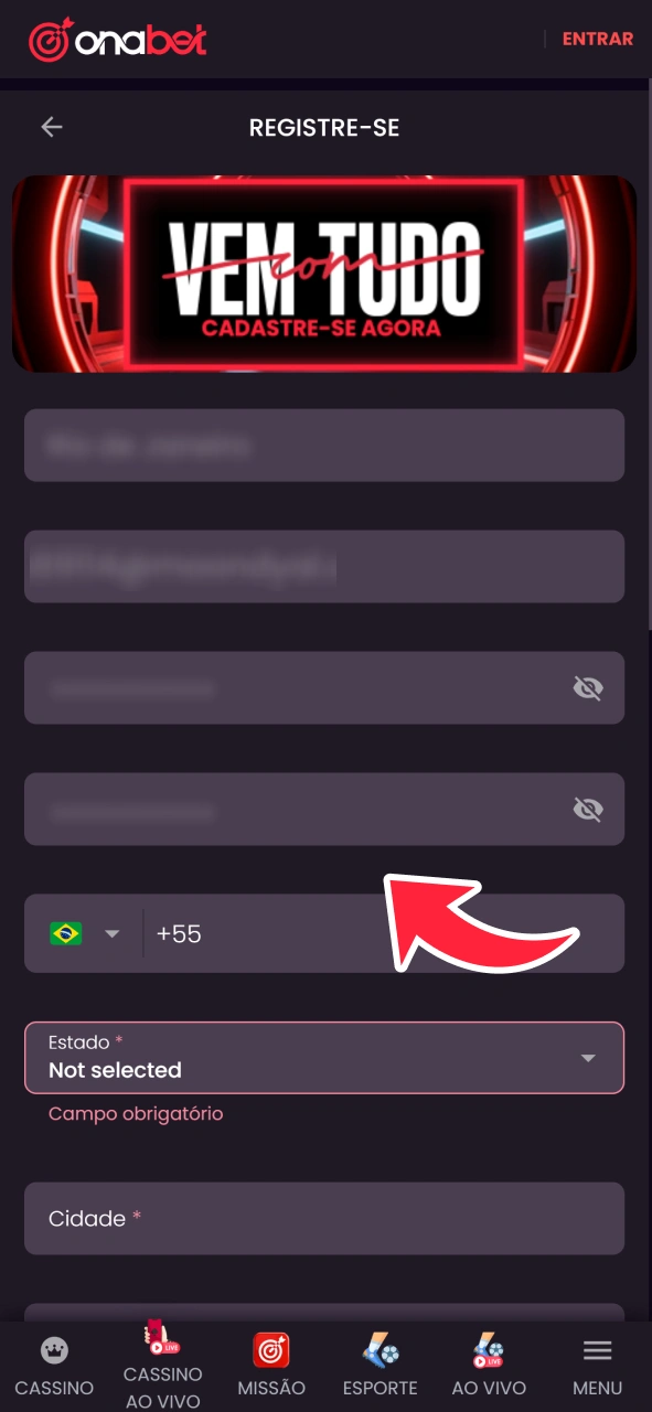 Crie uma conta para reivindicar seu bônus da OnaBet.