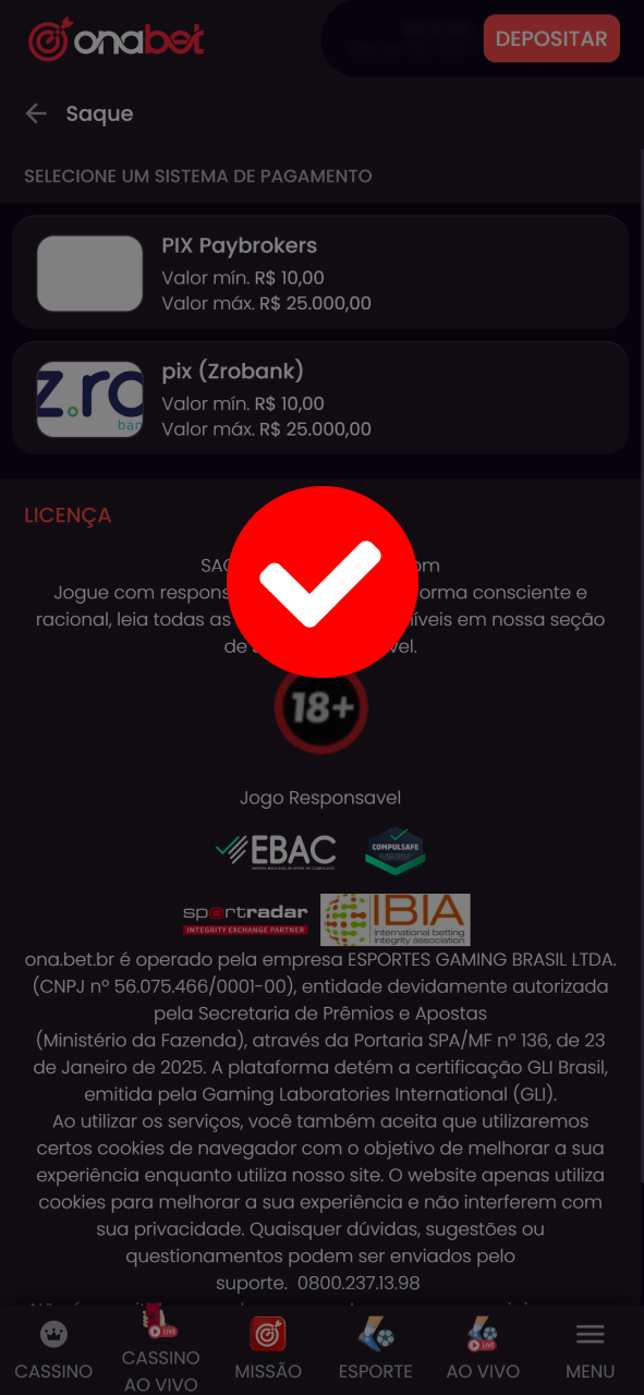 Clique em confirmar para sacar dinheiro na OnaBet.