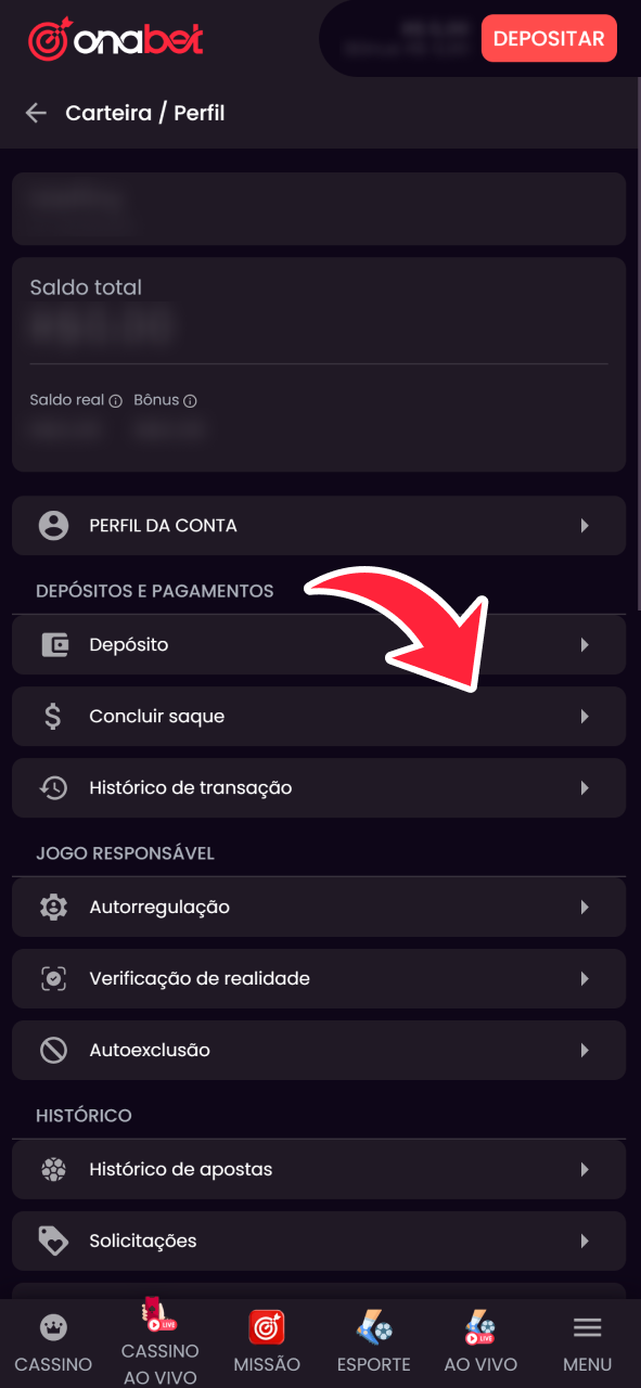 Abra o menu da OnaBet e clique em Saque.