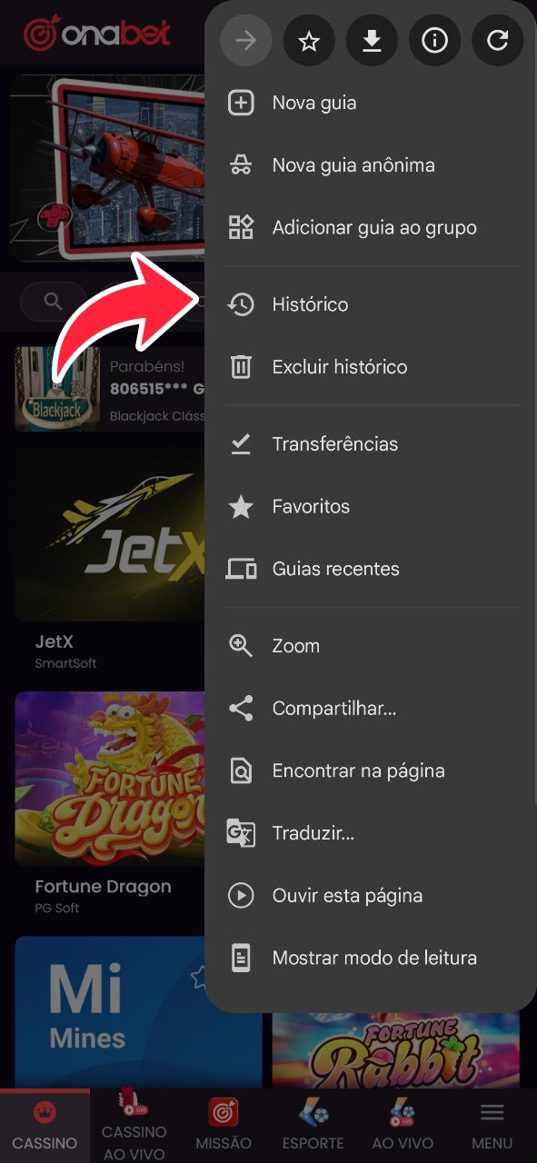 Abra o menu do navegador no site da OnaBet.