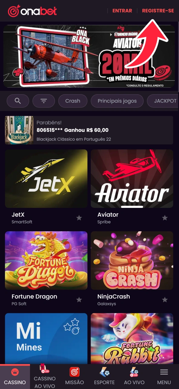 Encontre o botão de cadastro no site da OnaBet.