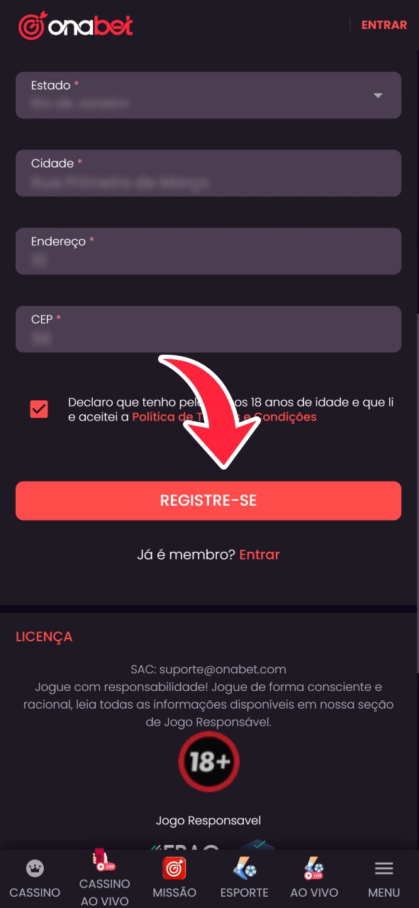 Confirme o formulário de inscrição para criar uma conta OnaBet.