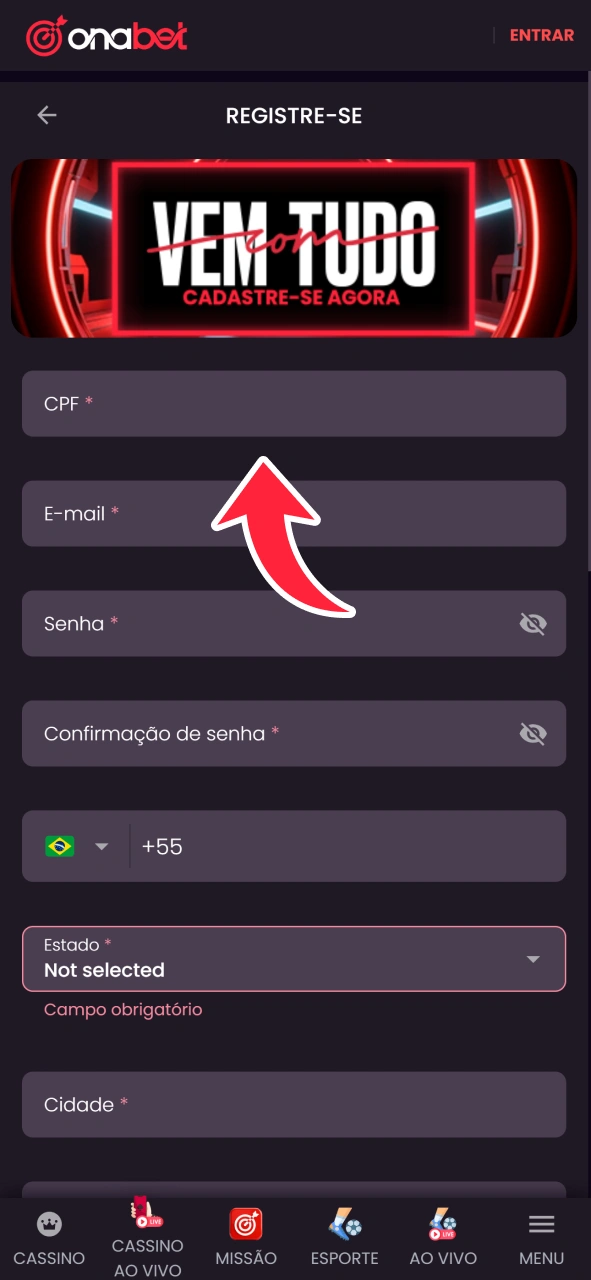 Preencha o formulário de inscrição no site da OnaBet.