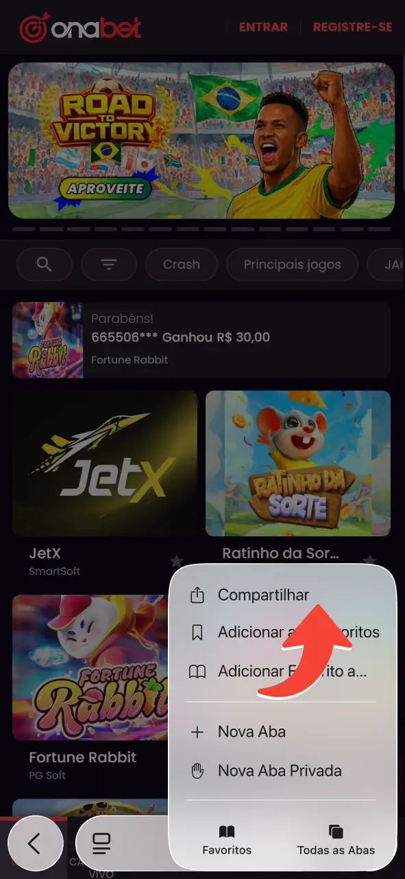 Toque no botão de compartilhar no navegador para iniciar o processo na OnaBet.